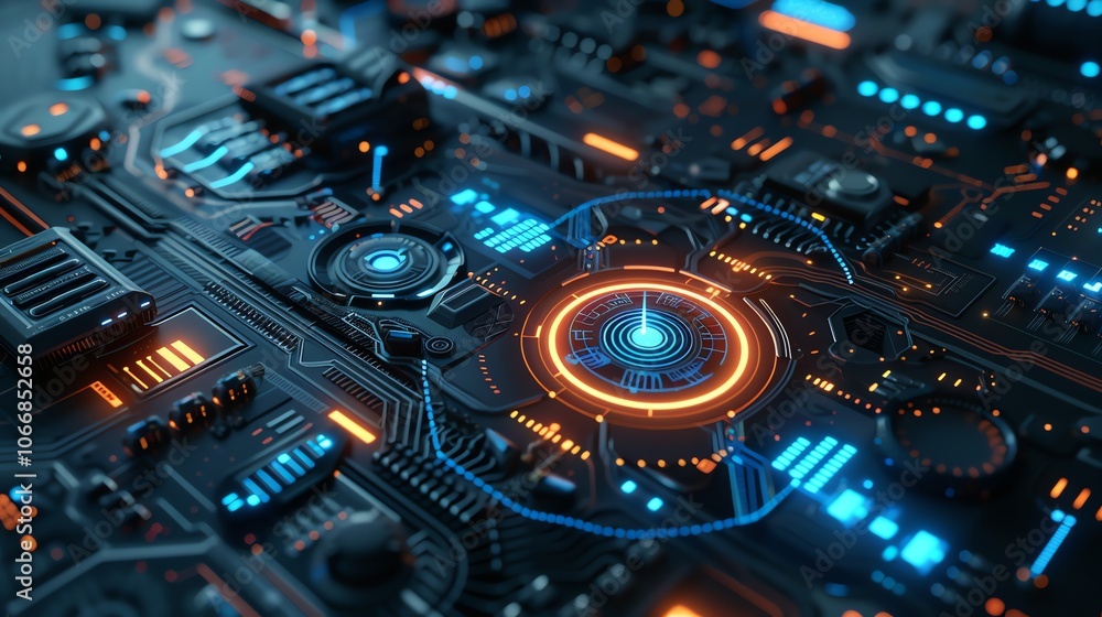 A close-up view of a futuristic circuit board with glowing blue and orange lights. A close-up view of a futuristic circuit board with glowing blue and orange lights.