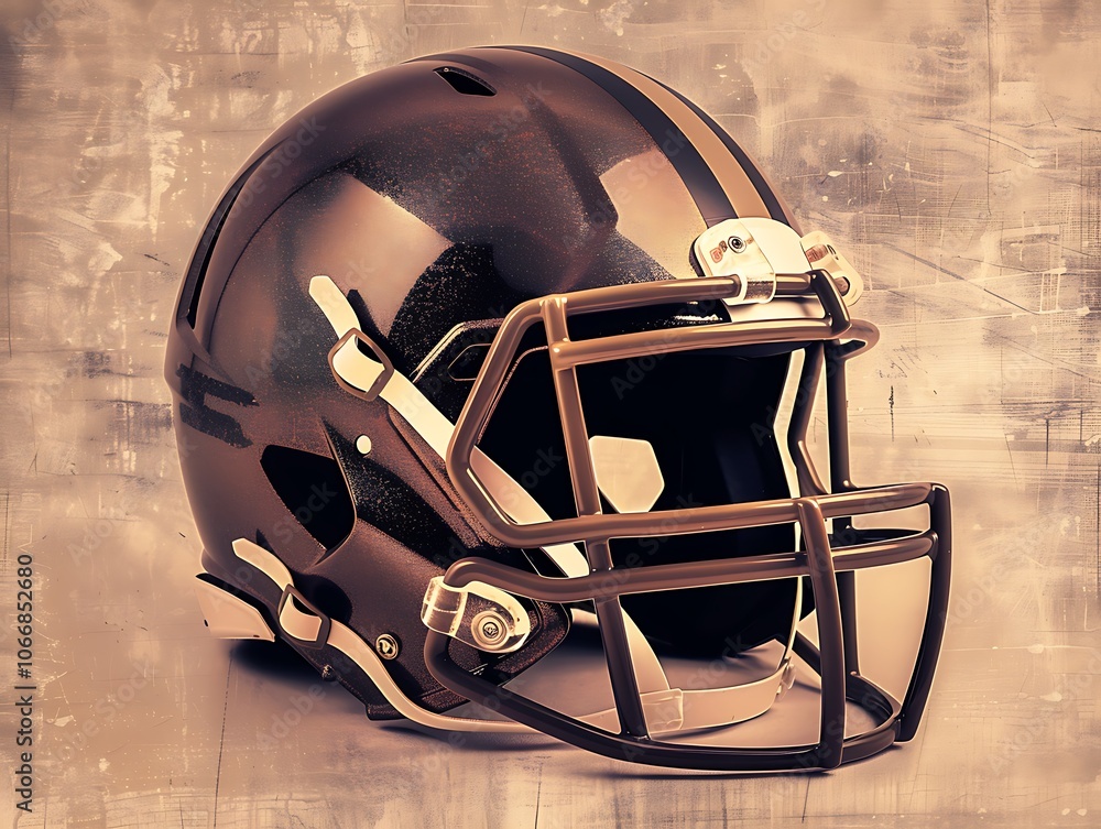 Fototapeta premium A classic football helmet with a retro design and bold stripes positioned against a vintage sepia-toned background blending tradition with modern photography