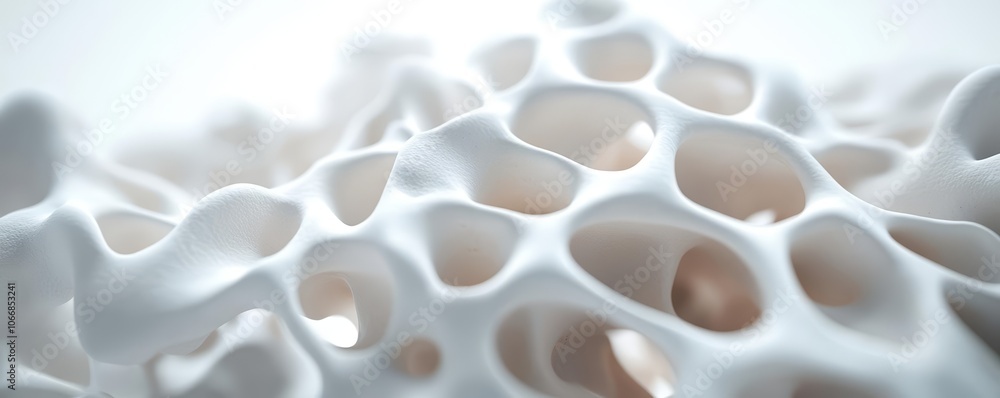 Abstract representation of bone density loss, porous bone structure, soft lighting, organic texture, osteoporosis concept, close-up view Abstract representation of bone density loss, porous bone structure, soft lighting, organic texture, osteoporosis concept, close-up view