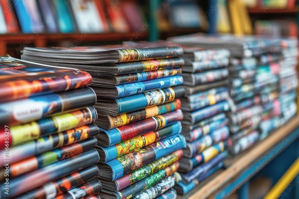 A colorful stack of magazines on a shelf. This image is perfect for showcasing a variety of topics, including reading, knowledge, and education. A colorful stack of magazines on a shelf. This image is perfect for showcasing a variety of topics, including reading, knowledge, and education.