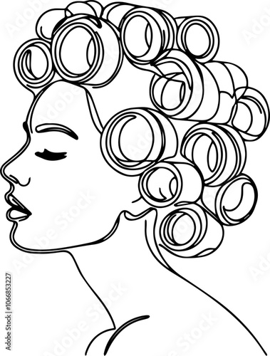 line art image of a girl's head in curlers in one continuous line