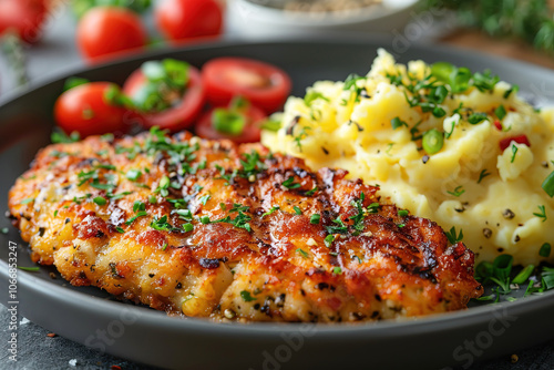 Delicious Kiev cutlet served with creamy mashed potatoes and fresh cherry tomatoes on the side