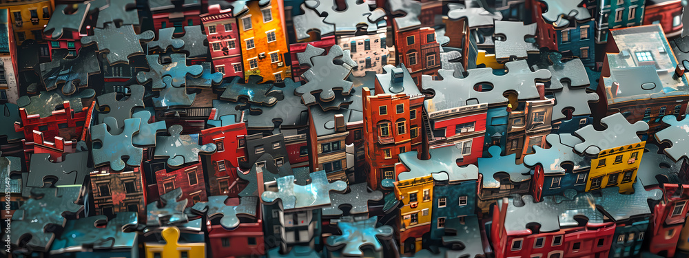An overhead view of a colorful puzzle featuring intricate buildings, showcasing vibrant hues and a playful mix of architectural styles. An overhead view of a colorful puzzle featuring intricate buildings, showcasing vibrant hues and a playful mix of architectural styles.