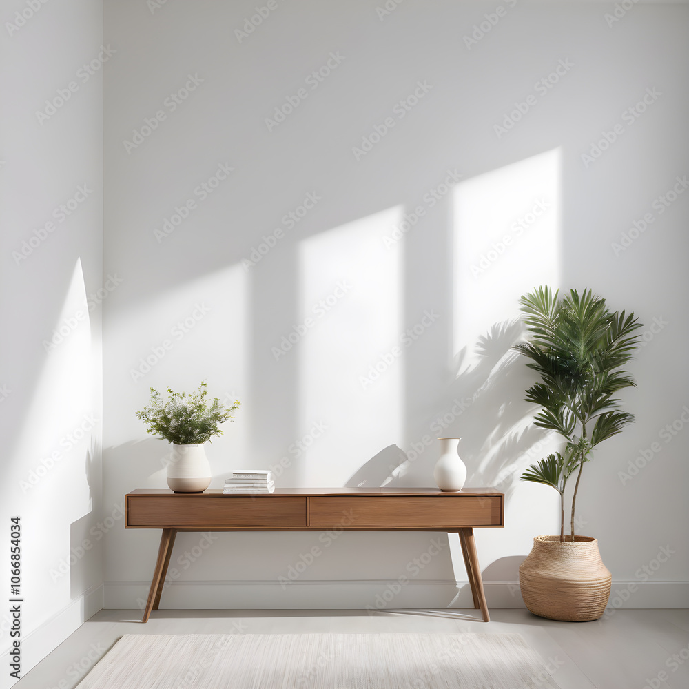 Fototapeta premium Interior of modern living room with white walls, concrete floor, comfortable wooden coffee table and plants.
