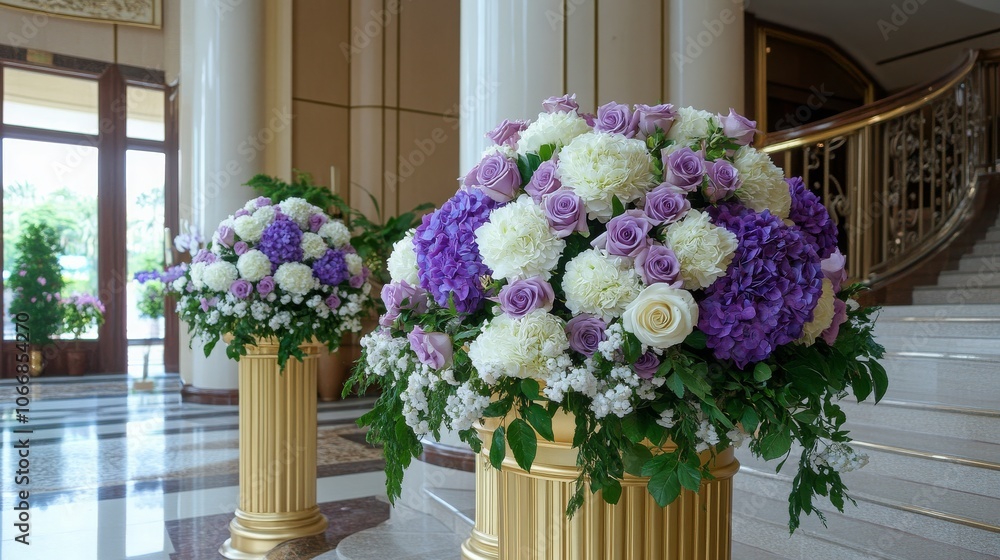Tall, gold-bordered podium with fresh purple roses and white hydrangeas; luxurious and eye-catching. Tall, gold-bordered podium with fresh purple roses and white hydrangeas; luxurious and eye-catching.