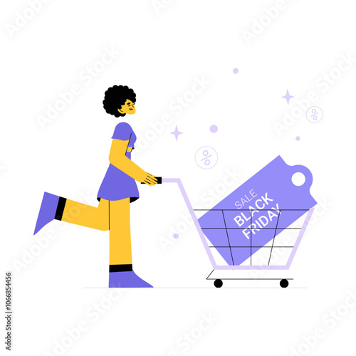 Female Shopper Pushing Cart With Black Friday Tag In Flat Vector Illustration Symbolizing Shopping Event, Discount, And Holiday Sales, Isolated On White Background.