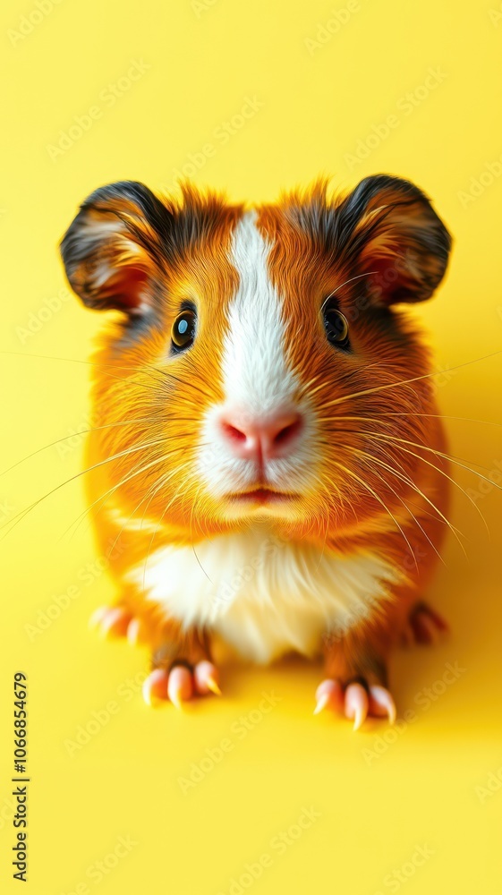 A brown and white guinea pig sits on a yellow background A brown and white guinea pig sits on a yellow background
