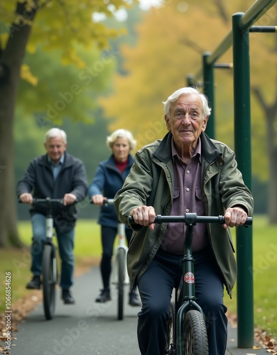 Active seniors biking in autumn park: healthy lifestyle and leisure