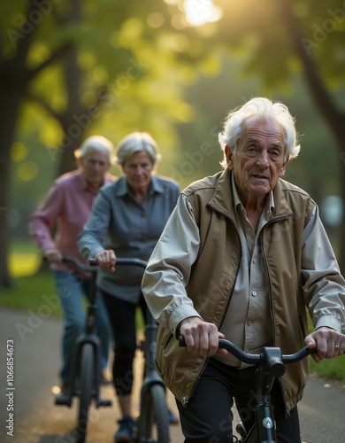 Active seniors enjoying a leisurely bike ride in a sunlit park