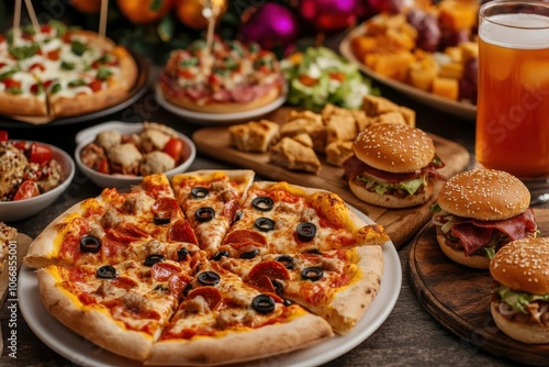 A vibrant spread of delicious pizzas, burgers, and snacks, perfect for a festive gathering or celebration.