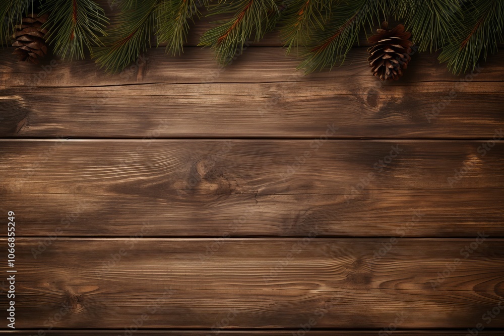 Wooden background with pine branches and cones adds warmth and a natural touch to holiday decor Wooden background with pine branches and cones adds warmth and a natural touch to holiday decor