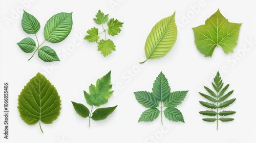 Vector set of green leaf icons, various shapes, isolated on white; ideal for eco-friendly or bio logos