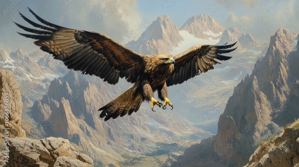 Obraz premium A golden eagle swoops down with its talons extended toward the rocky landscape, framed by steep mountains