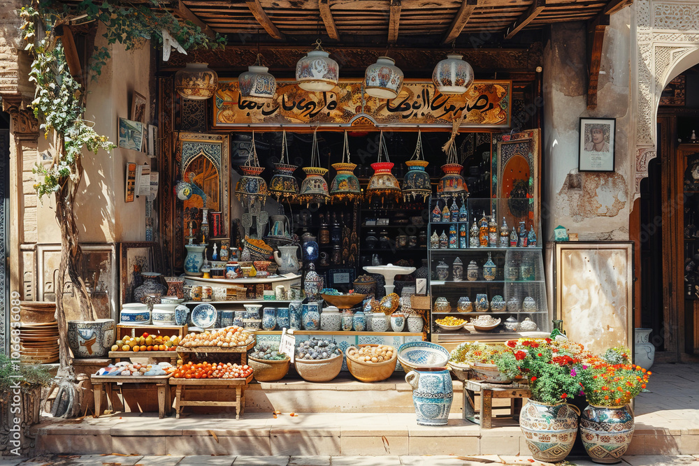 Fototapeta premium Asian souvenir stall, tourist traditional cultural goods. Handmade decoration.