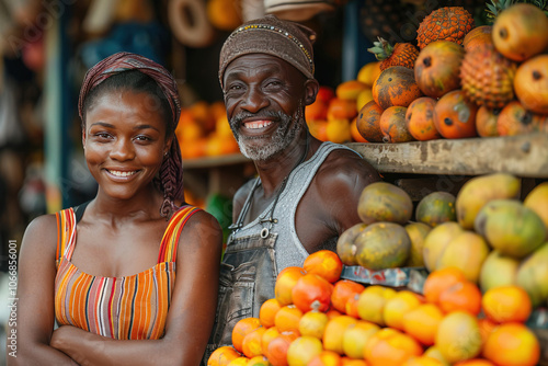 African stall with exotic tropical fresh fruits, sellers Africans smiling friendly. photo