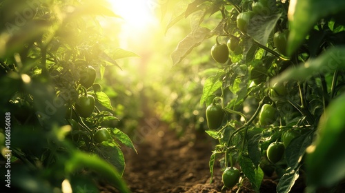 A lush green garden scene featuring an abundance of green pepper plants,