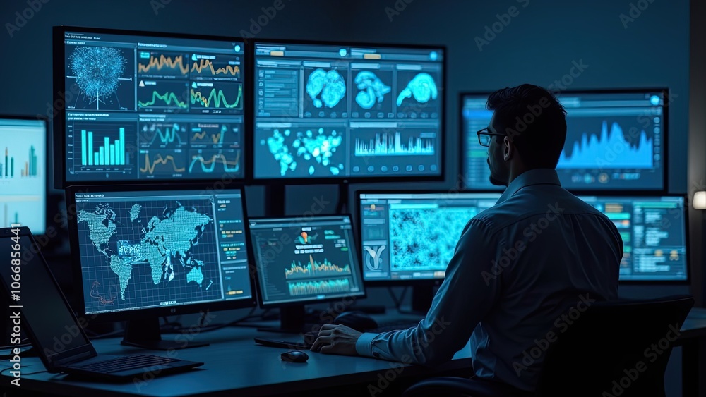 Data Analyst Working Late at Night in a High-Tech Office, Analyzing Complex Datasets on Multiple Computer Screens Data Analyst Working Late at Night in a High-Tech Office, Analyzing Complex Datasets on Multiple Computer Screens