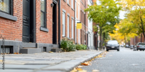 Charming autumn street, lined with brick houses and vibrant yellow leaves.