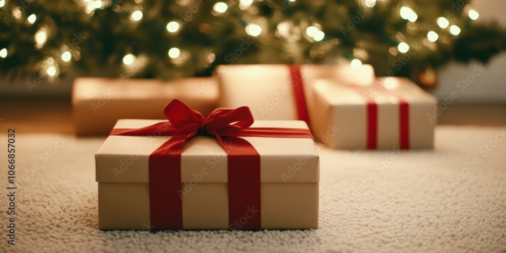 Christmas gift box with red ribbon, surrounded by festive lights. Christmas gift box with red ribbon, surrounded by festive lights.