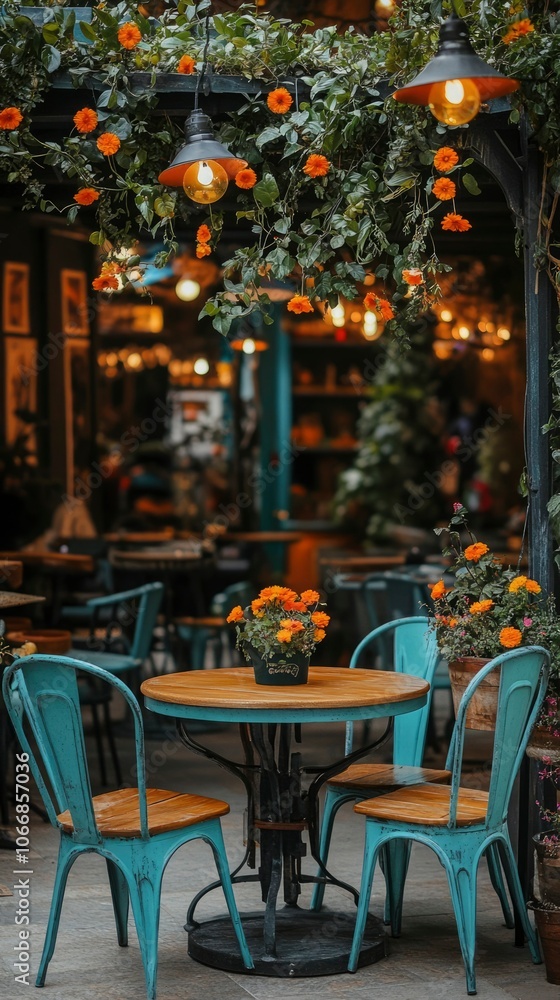 A Rustic Outdoor Cafe Table with Flowers and Hanging Lights A Rustic Outdoor Cafe Table with Flowers and Hanging Lights
