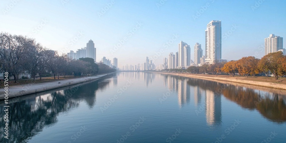 Fototapeta premium City skyline reflection on serene water, early morning light, peaceful atmosphere.