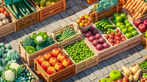 Abundant Assortment of Fresh Fruits and Vegetables in basket stall on road in background