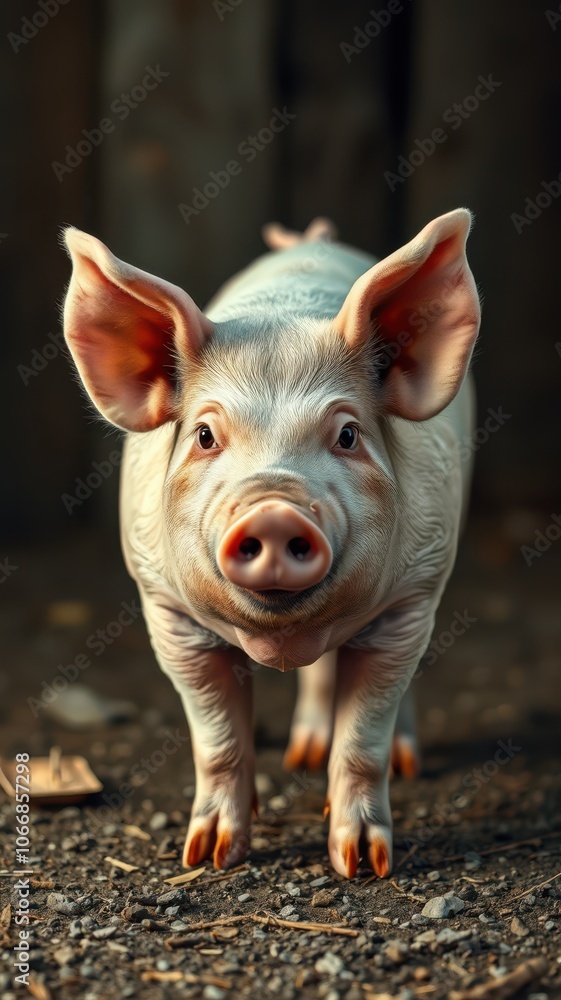 A piglet looks directly at the camera with a curious expression A piglet looks directly at the camera with a curious expression
