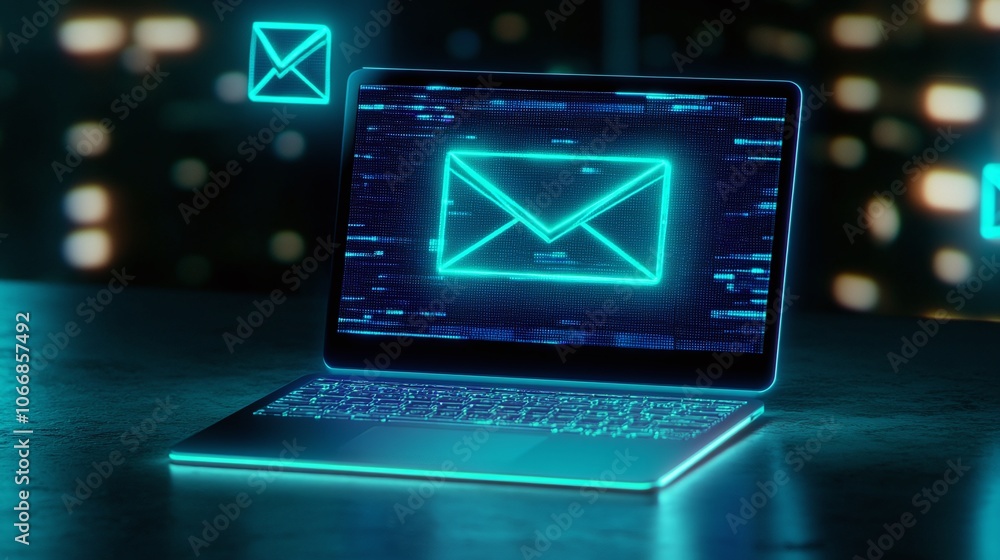 Futuristic Email Icon on Laptop Screen Futuristic Email Icon on Laptop Screen