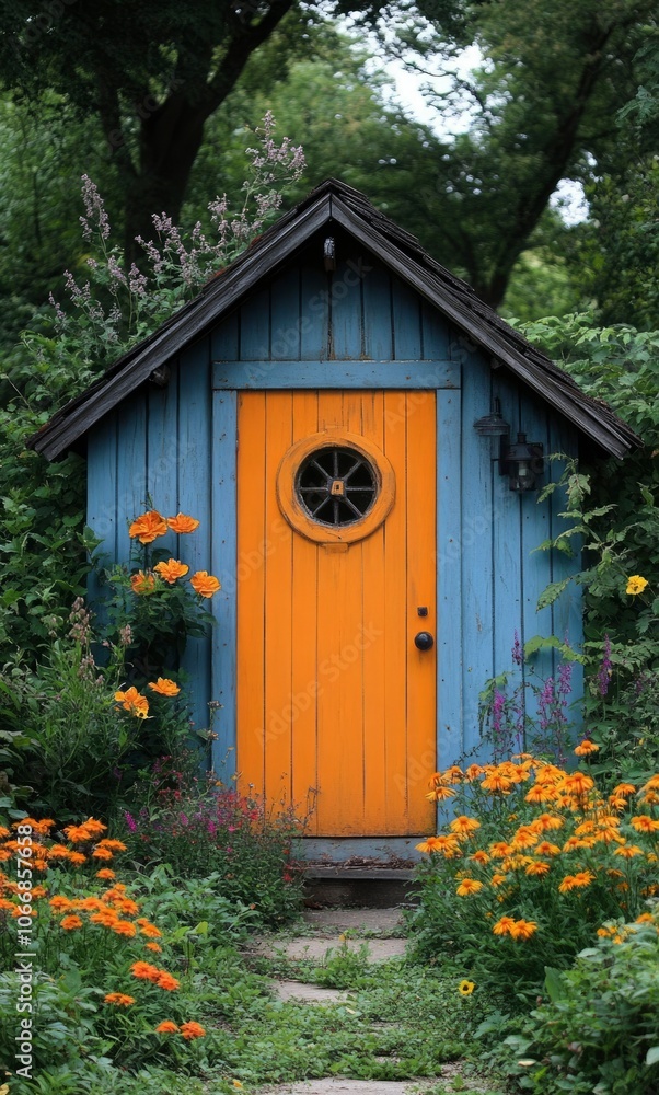 A Small Wooden House with a Bright Orange Door A Small Wooden House with a Bright Orange Door