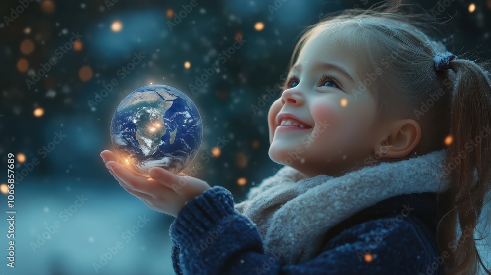 Naklejka premium Smiling adorable child holds the Earth globe in her hands. Snowing background