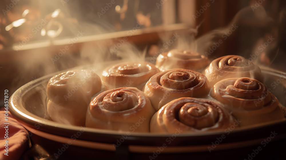 Warm cinnamon rolls topped with creamy icing arranged on a rustic kitchen countertop during breakfast time Warm cinnamon rolls topped with creamy icing arranged on a rustic kitchen countertop during breakfast time