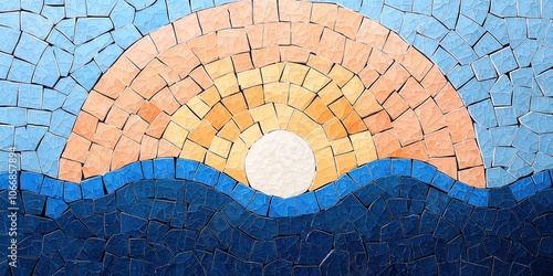 Colorful mosaic art depicting a sunset over waves.