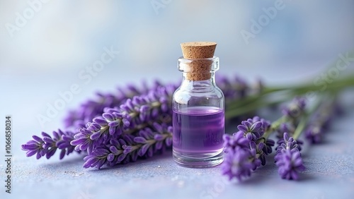 Lavender Flowers Surround a Small Glass Bottle Filled With Purple Essential Oil, Capturing the Essence of Tranquility and Nature in a Serene Setting