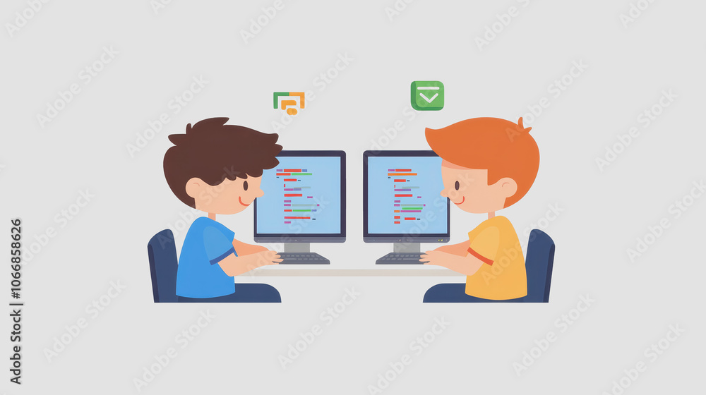 Kids Learning Programming with Computers in Flat Art Style Kids Learning Programming with Computers in Flat Art Style