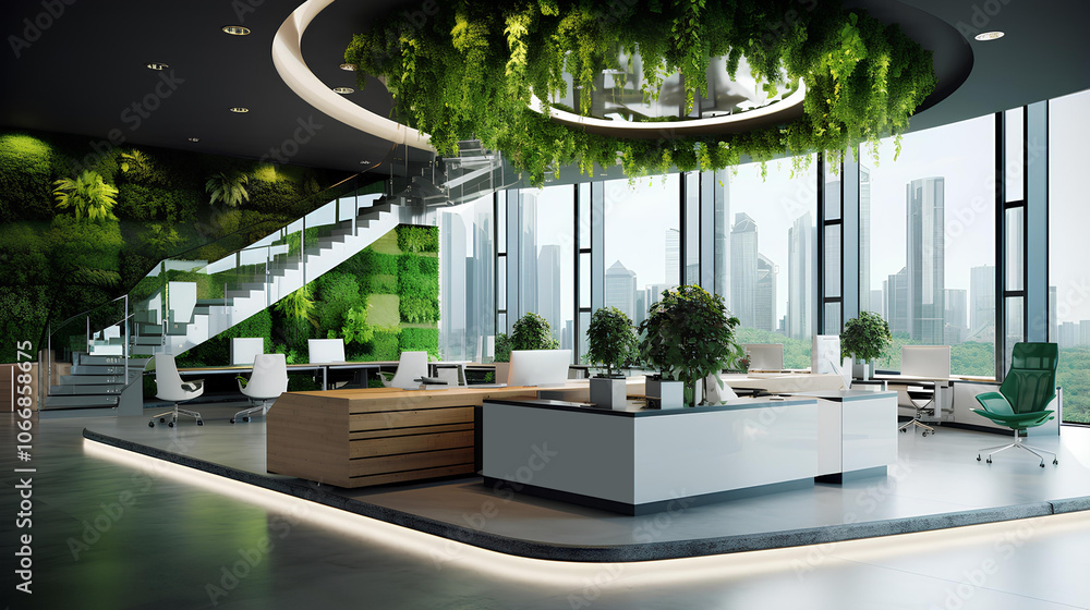 Fototapeta premium A modern green office space designed with plants and natural light for a refreshing work environment