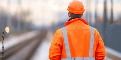 Construction worker in bright orange safety gear, background of railway tracks. photo