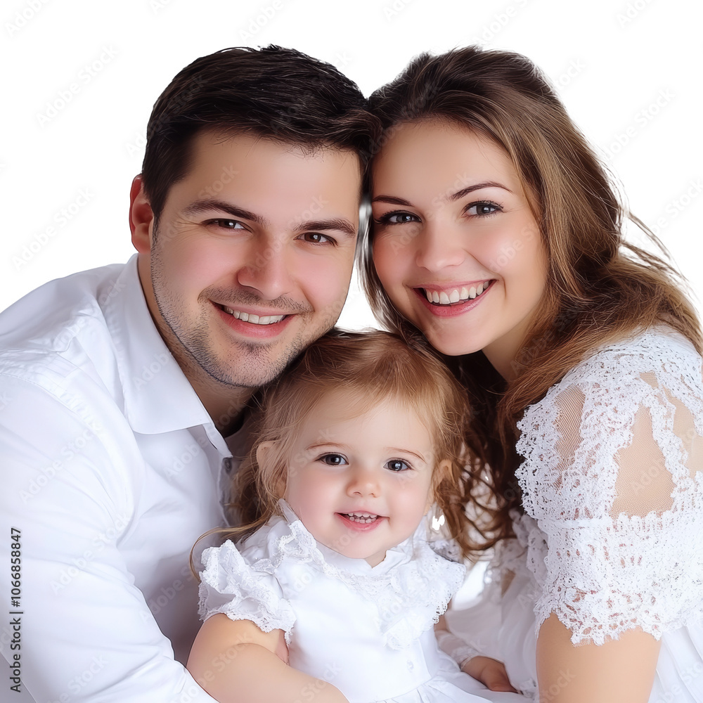 A smiling family poses closely for a portrait A smiling family poses closely for a portrait
