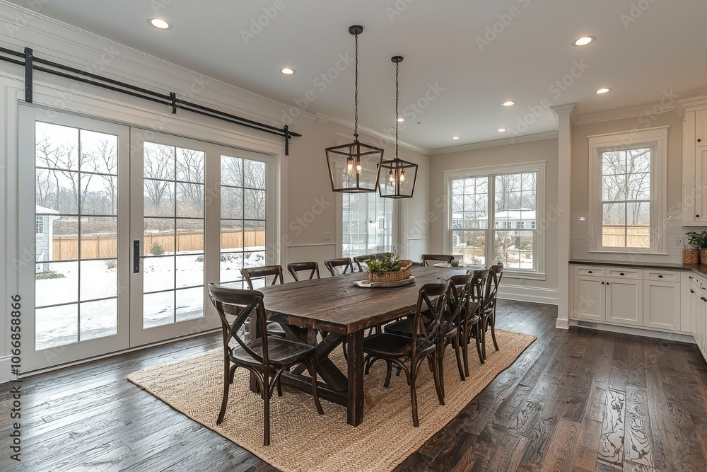 Modern Farmhouse Dining Room with Rustic Table and French Doors Modern Farmhouse Dining Room with Rustic Table and French Doors