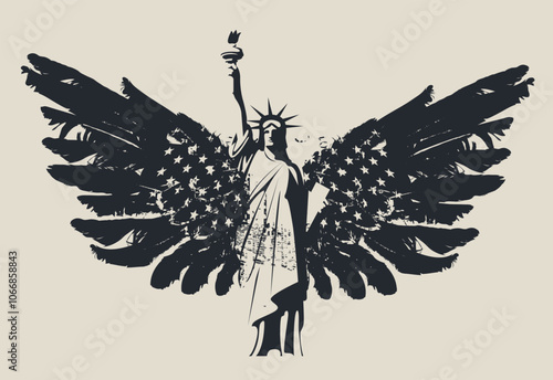 USA banner or logo with American flag with the Statue of Liberty in New York with bird wings. Vector poster, flyer, t-shirt design, greeting card or design element in grunge style