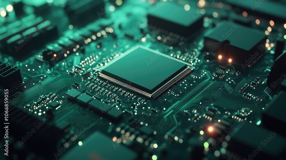 Circuit board with microchip showcasing advanced technology in electronics and engineering featuring intricate components and a green color palette Circuit board with microchip showcasing advanced technology in electronics and engineering featuring intricate components and a green color palette