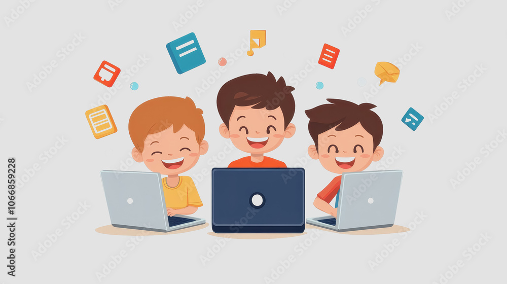 Kids Learning with Laptops in Fun Digital Environment Kids Learning with Laptops in Fun Digital Environment