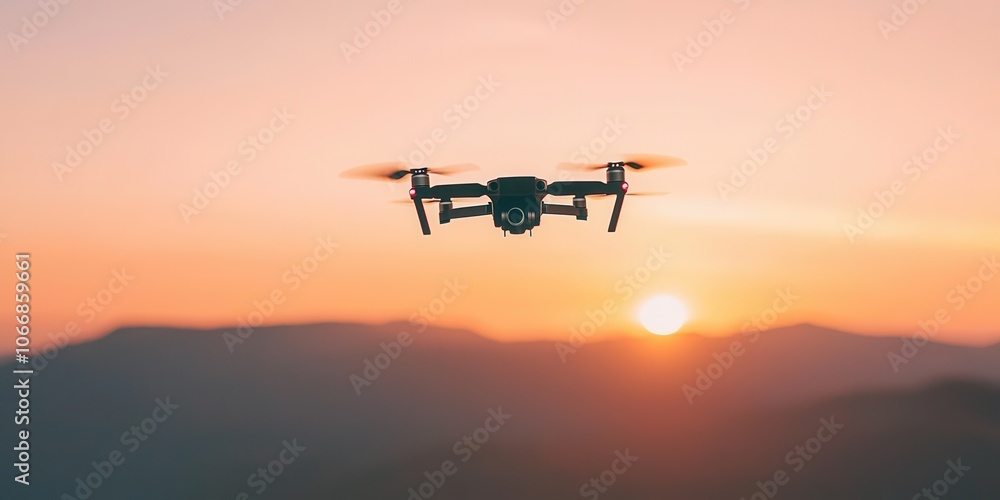 Drone flying against the backdrop of a stunning sunset. Drone flying against the backdrop of a stunning sunset.