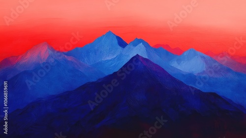 Wallpaper Mural A striking mountain range in shades of blue and purple set against a vivid red backdrop Torontodigital.ca