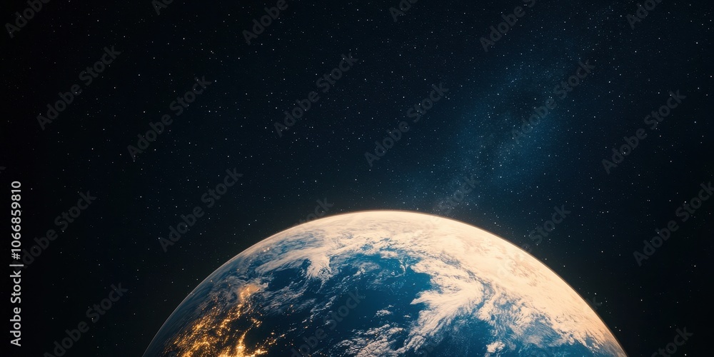Obraz premium Earth seen from space, highlighting land and ocean, with stars in the background.