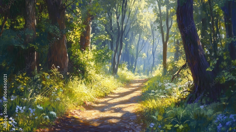 Obraz premium A sunlit forest trail beckons for exploration and fosters a deeper connection with nature