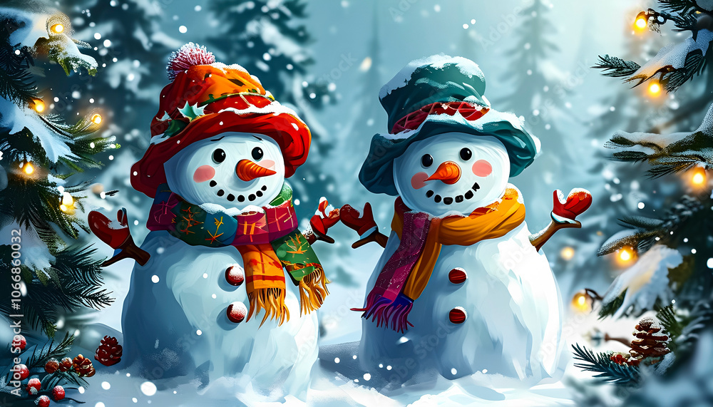 Two cheerful snowmen with colorful hats and scarves stand in the snowy forest during a festive winter day Two cheerful snowmen with colorful hats and scarves stand in the snowy forest during a festive winter day