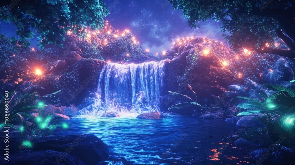 A tranquil waterfall in a lush jungle setting enhanced with vivid digital elements showcasing a fantastical artistic style