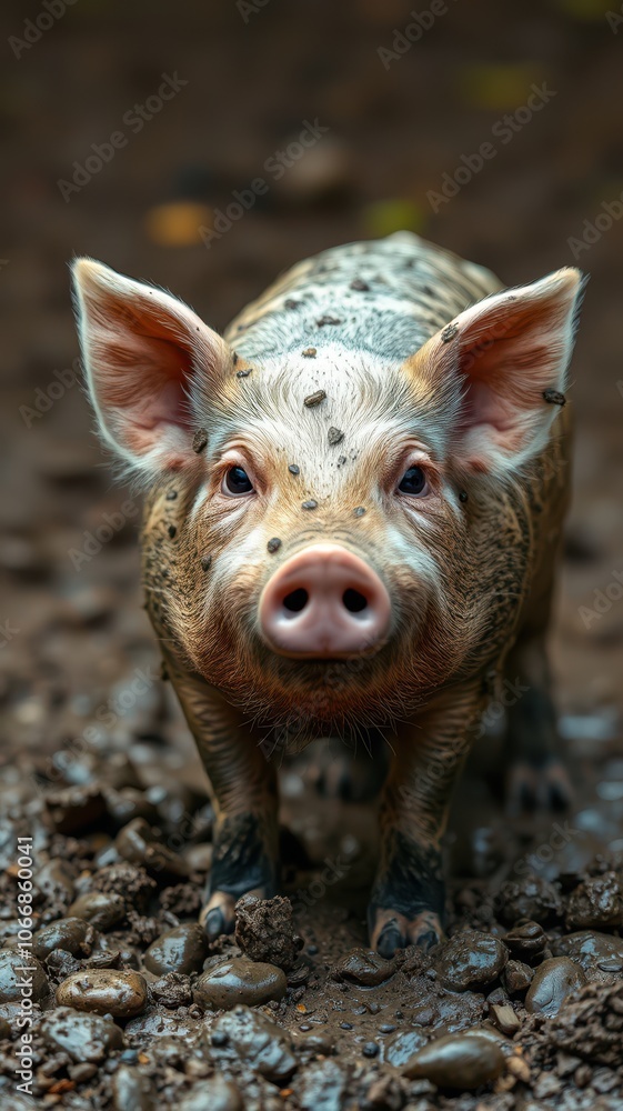 A muddy piglet stands on a bed of rocks and stares directly at the camera A muddy piglet stands on a bed of rocks and stares directly at the camera
