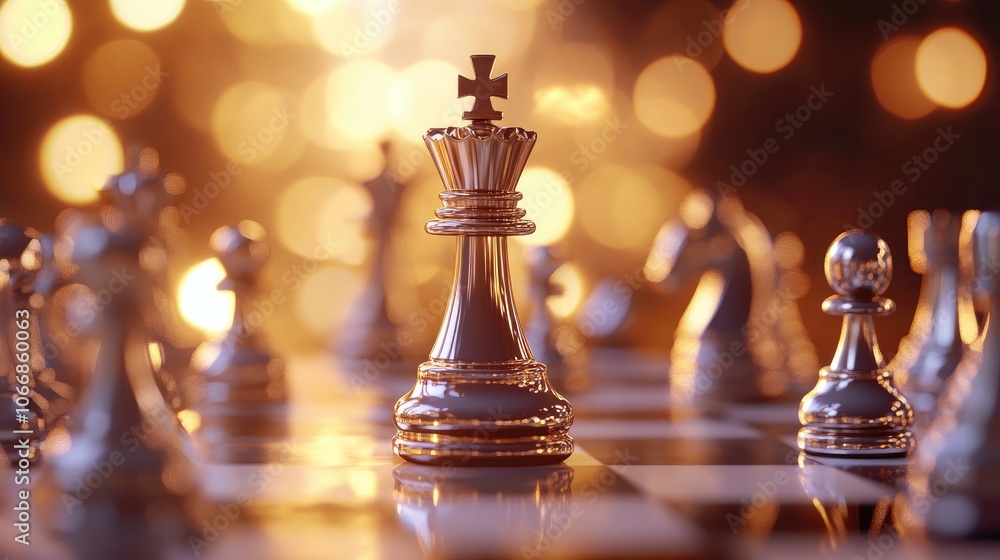 Business strategy illustrated by a golden king amid silver chess pieces on a chessboard symbolizing competition and teamwork against a blurred bokeh light backdrop Business strategy illustrated by a golden king amid silver chess pieces on a chessboard symbolizing competition and teamwork against a blurred bokeh light backdrop