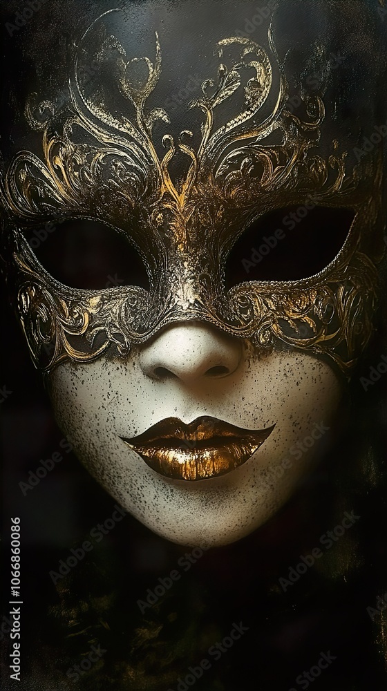 Golden Venetian Mask: A Close-Up View of Intrigue and Mystery Golden Venetian Mask: A Close-Up View of Intrigue and Mystery